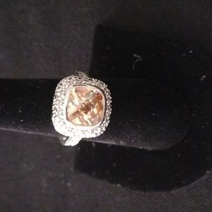 Silver Tone with Champagne Colored Stone and Tiny White Rhinestone Ring Size 7